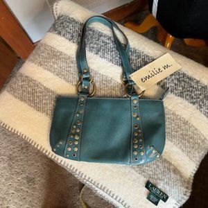 emilie m. Teal/turquoise purse/handbag/baguette. Silver grommets/details NWT